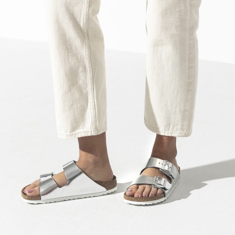 Birkenstock Arizona Soft Footbed Metallic Silver Leather Size W10/M8 Slip-On - Picture 3 of 14